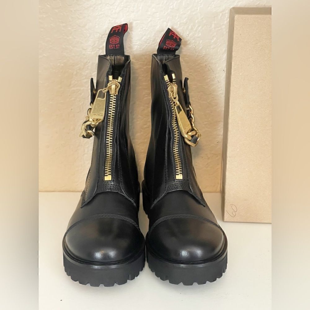 Zadig & Voltaire Joe Cecilia leather combat moto boots with gold chain New - Picture 7 of 16